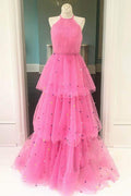 Roycebridal Tessa | Vestido de baile em tule cor-de-rosa vivo com corte em A e pontos coloridos