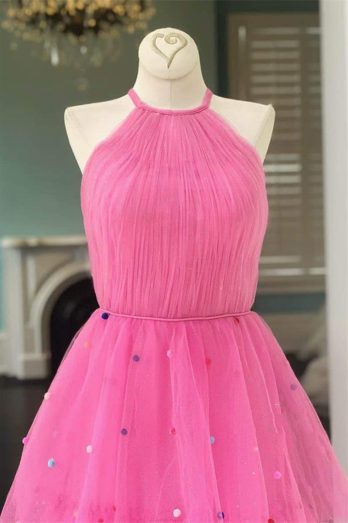 Roycebridal Tessa | Vestido de baile em tule cor-de-rosa vivo com corte em A e pontos coloridos