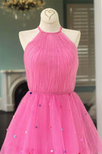 Roycebridal Tessa | Vestido de baile em tule cor-de-rosa vivo com corte em A e pontos coloridos
