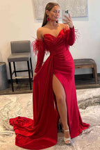 Vestido Formal Vermelho Plissado com Mangas Destacáveis, Estilo Namorada