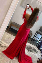 Vestido Formal Vermelho Plissado com Mangas Destacáveis, Estilo Namorada