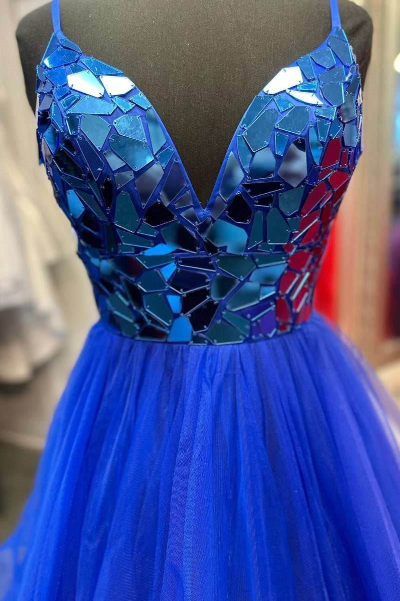 A-line V-Neck Mirror-Cut Sequins Ruffle Layers Long Prom Dress