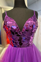 A-line V-Neck Mirror-Cut Sequins Ruffle Layers Long Prom Dress