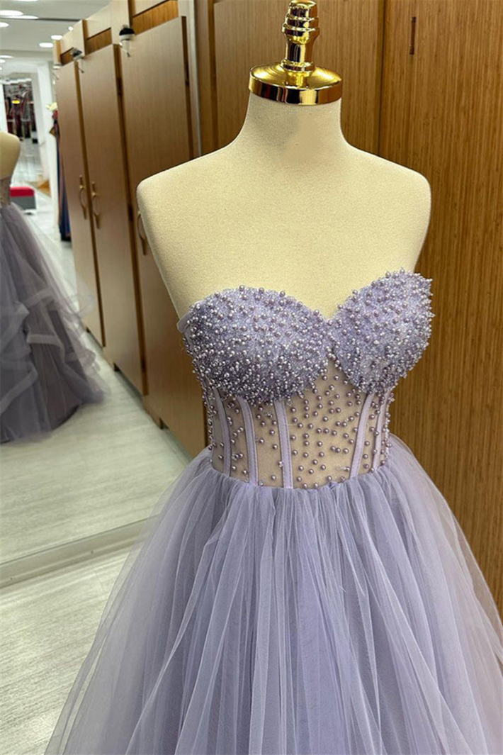 Roycebridal Brandy | Abito lungo da ballo senza spalline color lilla con balze di tulle e perline a strati