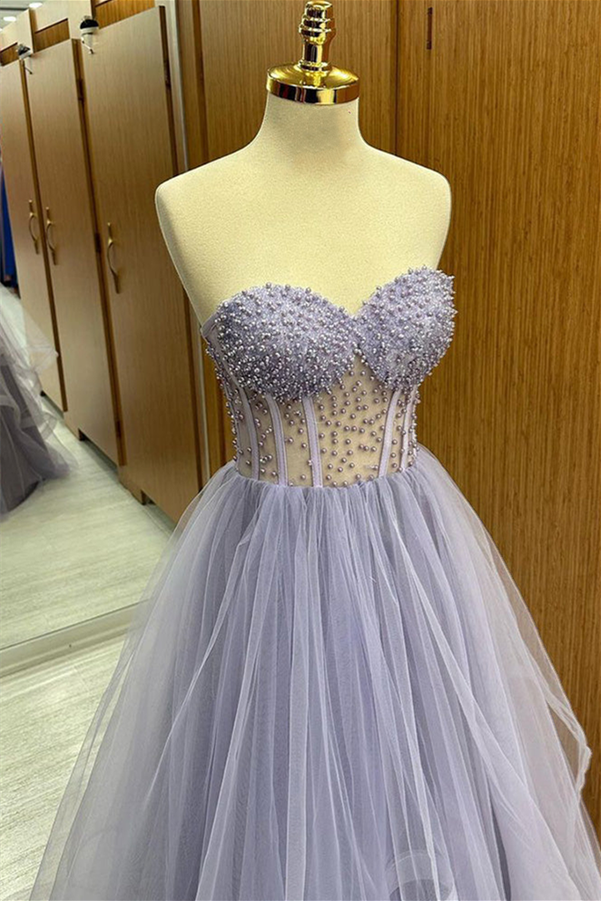 Roycebridal Brandy | Abito lungo da ballo senza spalline color lilla con balze di tulle e perline a strati