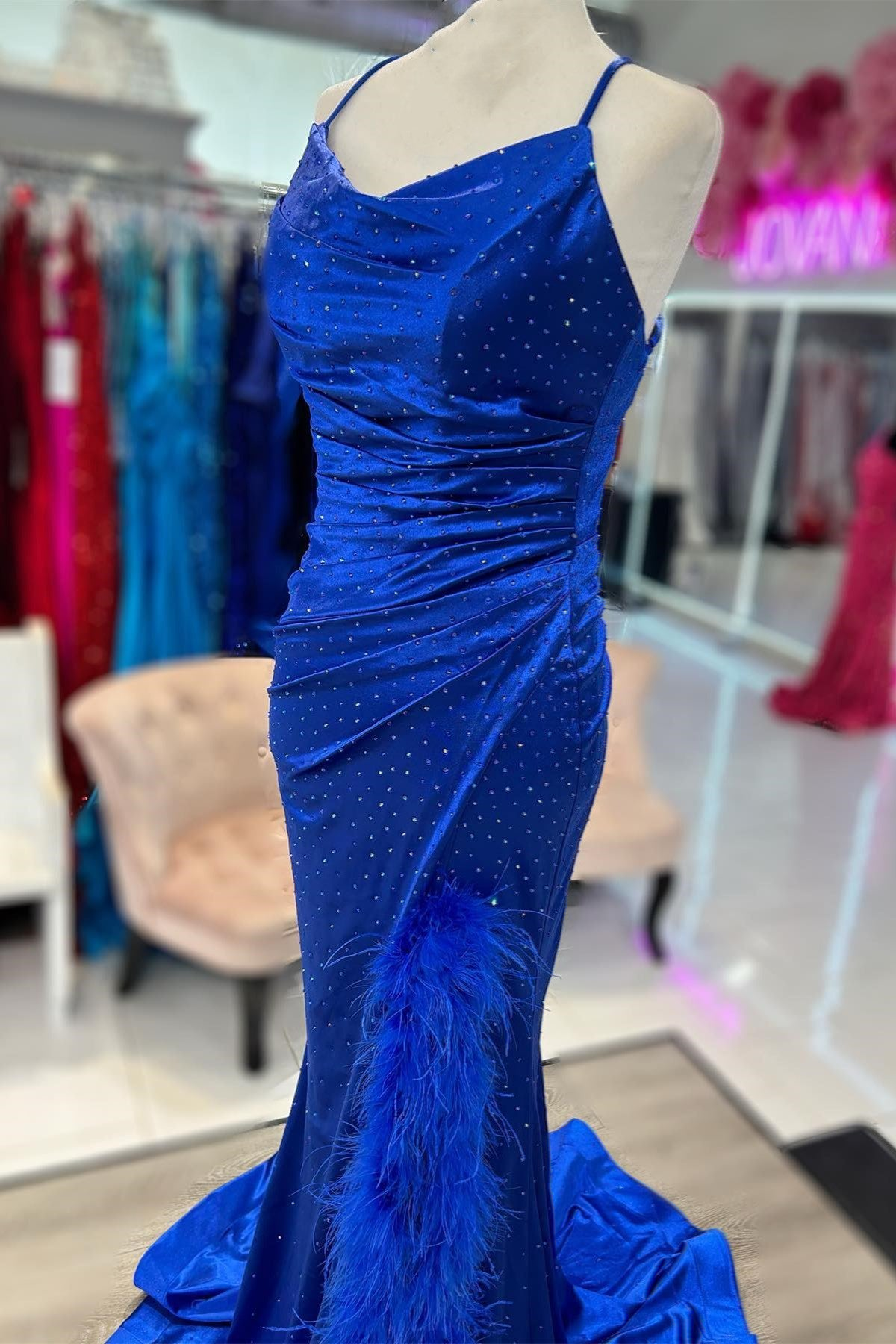 Cowl Neck Rhinestones Long Prom Dress with Feather-Trimmed Slit