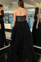 A-line Strapless Tulle Long Prom Dress with Slit