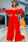 Vestido de Baile Vermelho Doce com Folhos em Tule e Mangas Bufantes