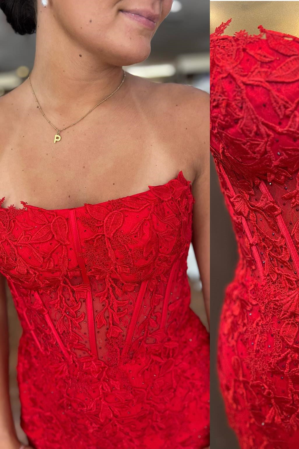 Vestido de baile de finalistas com corpete sem alças e renda, justo ao corpo
