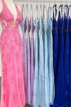 Abito da sera in tulle con pizzo, collo a fascia e applicazioni