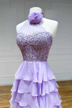 A line High Neck Tiered Chiffon Prom Dress with 3D Flower