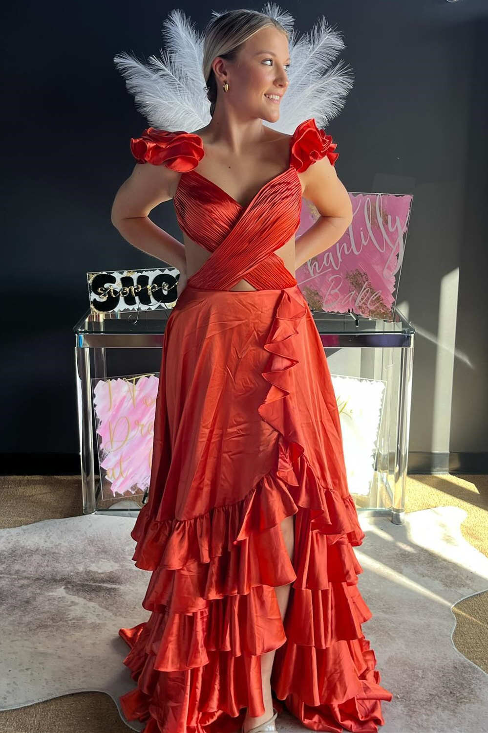 Cutout Ruffle A-Line Long Prom Dress with Slit