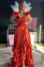 Cutout Ruffle A-Line Long Prom Dress with Slit