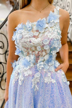 One Shoulder 3D Flowers Sequin Long Formal Dress