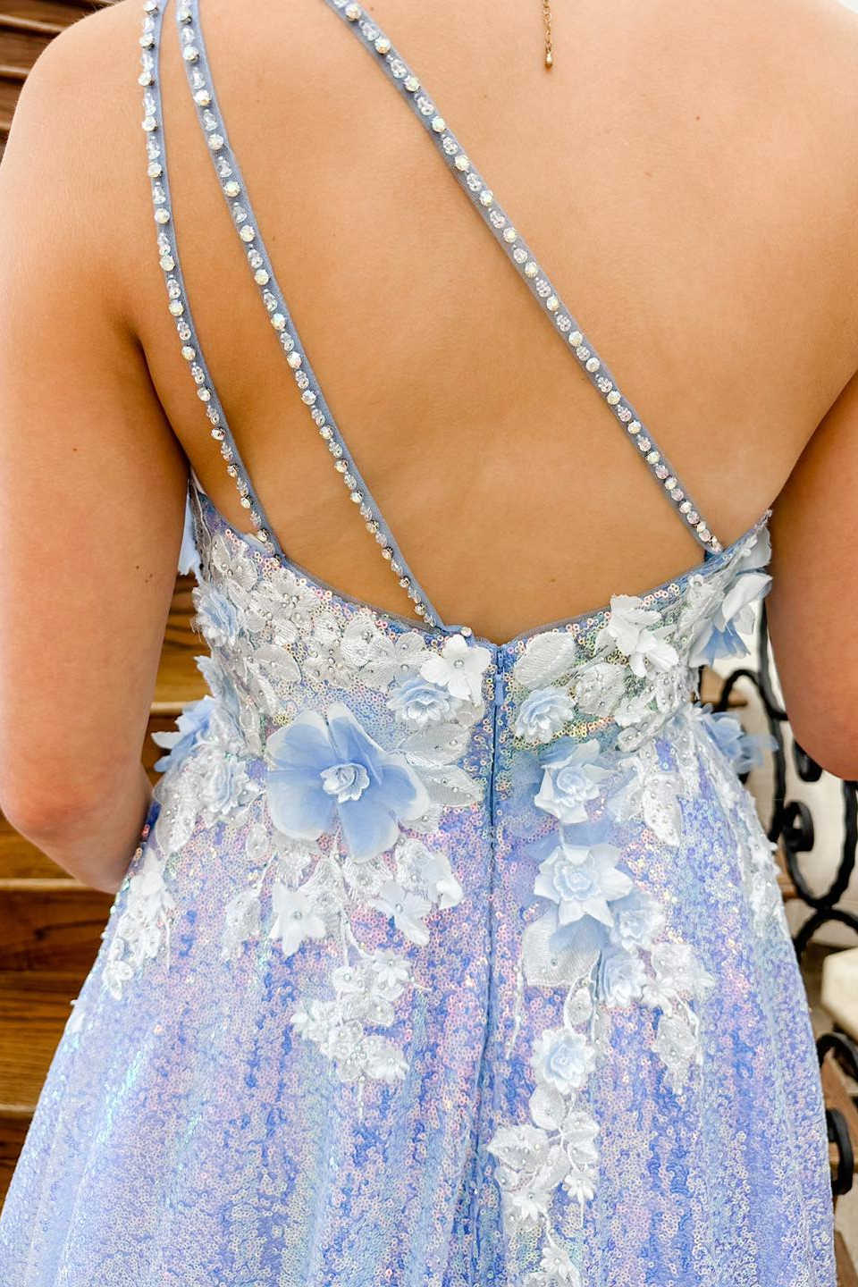 One Shoulder 3D Flowers Sequin Long Formal Dress