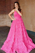Zhuri | Vestido Formal com Folhos em Camadas e Alças Plissadas Magenta