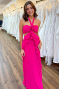 Neckholder Magenta Cut Out Rüschen Langes Abendkleid