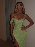 Sparkly Sage Green Sequins Off-The-Shoulder Split Prom Dress Formal Evening Gown Y7983