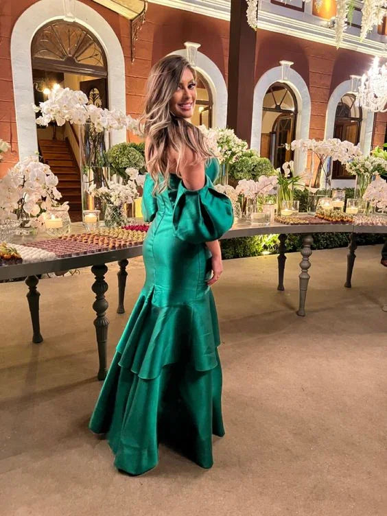 Vestido de Noite Elegante de Cetim Verde Cauda de Sereia Vestido Formal Verde Y6188