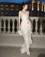 Vestido de Noite Elegante de Sereia em Chiffon Branco Vestido Longo de Baile com Folhos Y7716