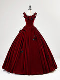 Beautiful Burgundy Velvet Quinceanera Dress Birthday Ball Gown With Rose Flowers Y7750