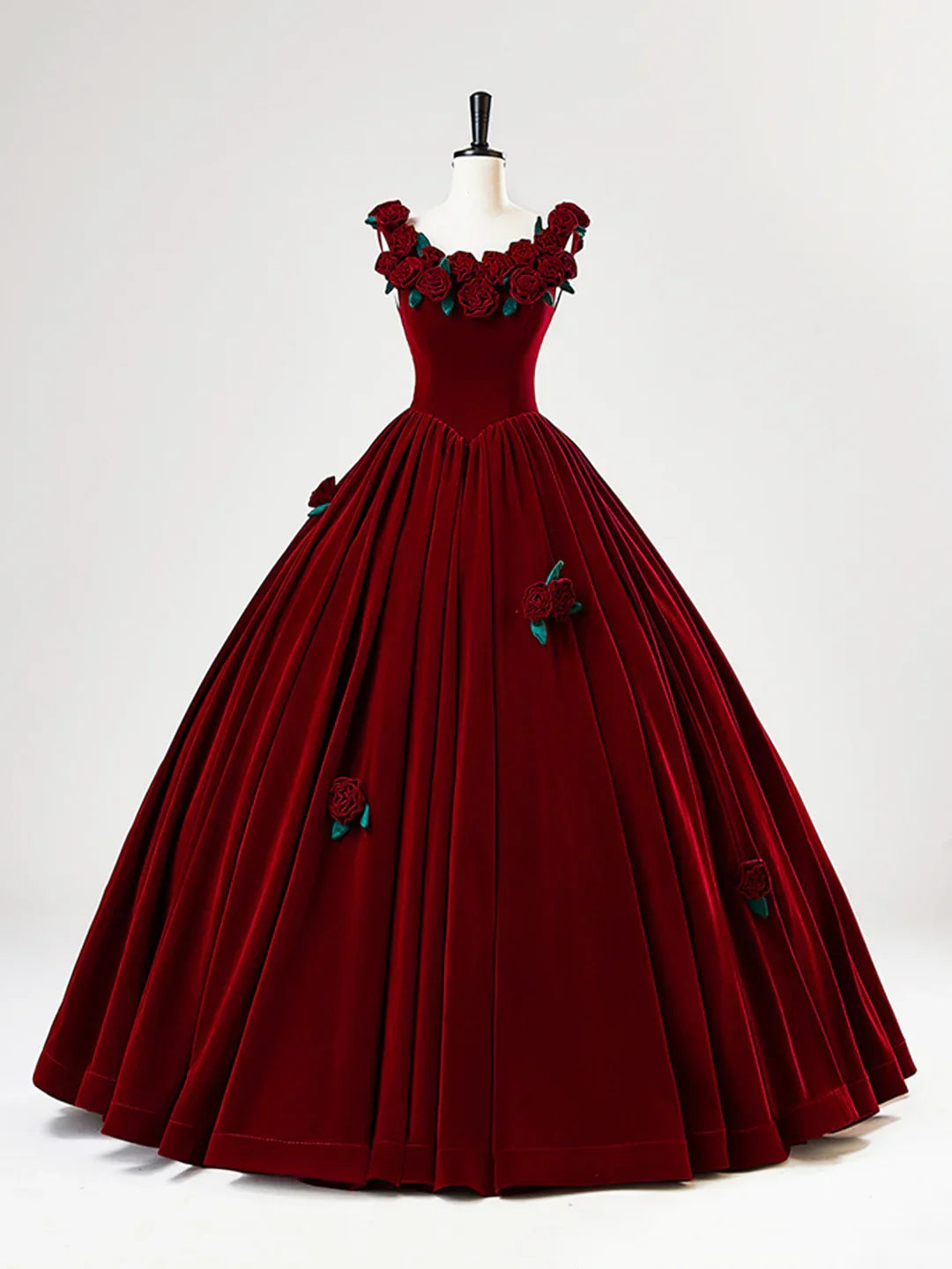 Beautiful Burgundy Velvet Quinceanera Dress Birthday Ball Gown With Rose Flowers Y7750