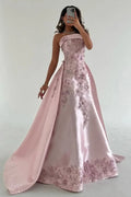 Vestido de Festa Formal Rosa Deslumbrante em Cetim com Aplicações e Sem Alças Y8427
