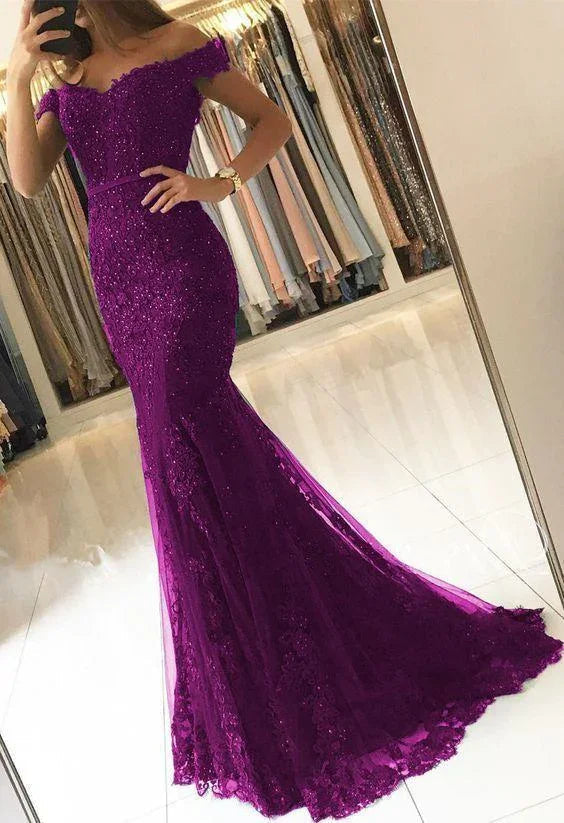 Robes de bal sirène à col en V en dentelle épaules dénudées pour soirée formelle violettes Y198