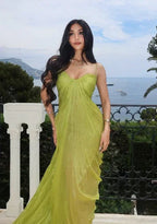Vestido Longo Verde Sedutor para Baile com Alças Finas Vestido de Noite Y7925