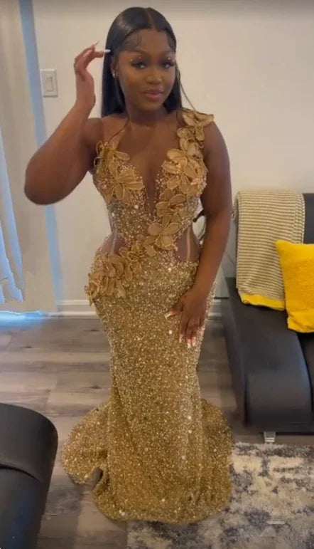 Vestido de noche sirena con apliques de lentejuelas doradas lujosas Y7880