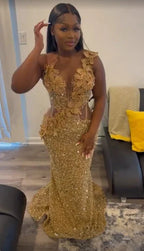 Vestido de noche sirena con apliques de lentejuelas doradas lujosas Y7880