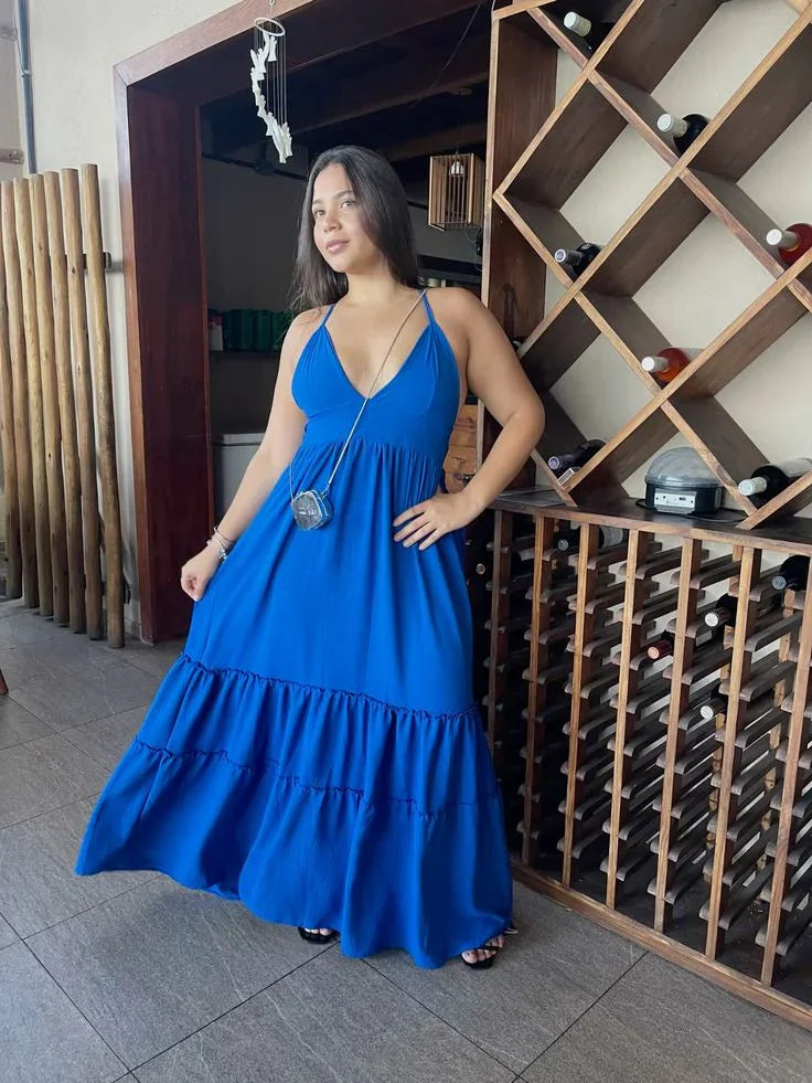 Vestido de fiesta elegante azul con escote en V y corte en línea A Y7751