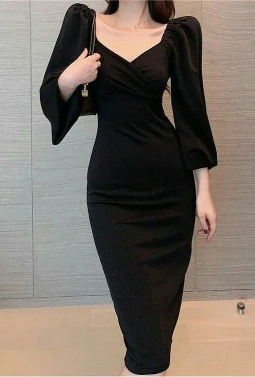Robe de bal noire vintage mi-longue, robe de soirée noire Y5662