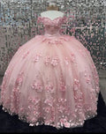 Vestido de Quinceanera Decote Fora do Ombro Cor-de-Rosa Vestido de Baile com Aplicações 3D e Cintura Ajustada Y6791