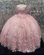 Vestido de Quinceanera Decote Fora do Ombro Cor-de-Rosa Vestido de Baile com Aplicações 3D e Cintura Ajustada Y6791