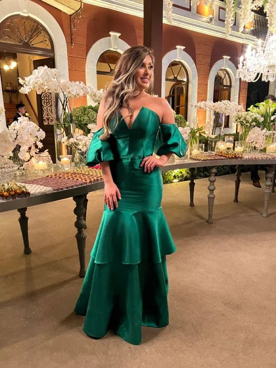 Vestido de Noite Elegante de Cetim Verde Cauda de Sereia Vestido Formal Verde Y6188