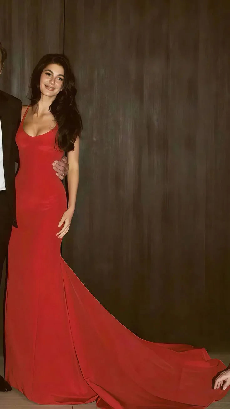 Vestido de Baile Formal Vermelho Simples com Alças Finas Estilo Sereia Y7902