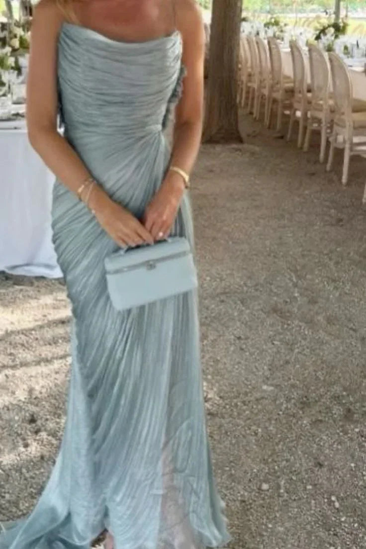 Spaghetti Straps Blue Tulle Pleated Evening Dress Elegant Prom Dress Y8195