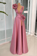 Robe de bal fabuleuse en satin, ligne A, col en V, sans manches, à volants et fendue