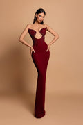 Robe de bal bordeaux en satin, sans bretelles ni manches, ornée de strass, à colonne fabuleuse