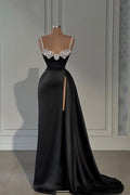 Robe de bal noire longue fabuleuse en ligne A avec bretelles, sans manches, ornée de cristaux, fendue