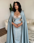 Robe de bal longue bleue fabuleuse à col en V, sirène, en dentelle pailletée avec manches