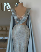 Robe de bal longue bleue fabuleuse à col en V, sirène, en dentelle pailletée avec manches