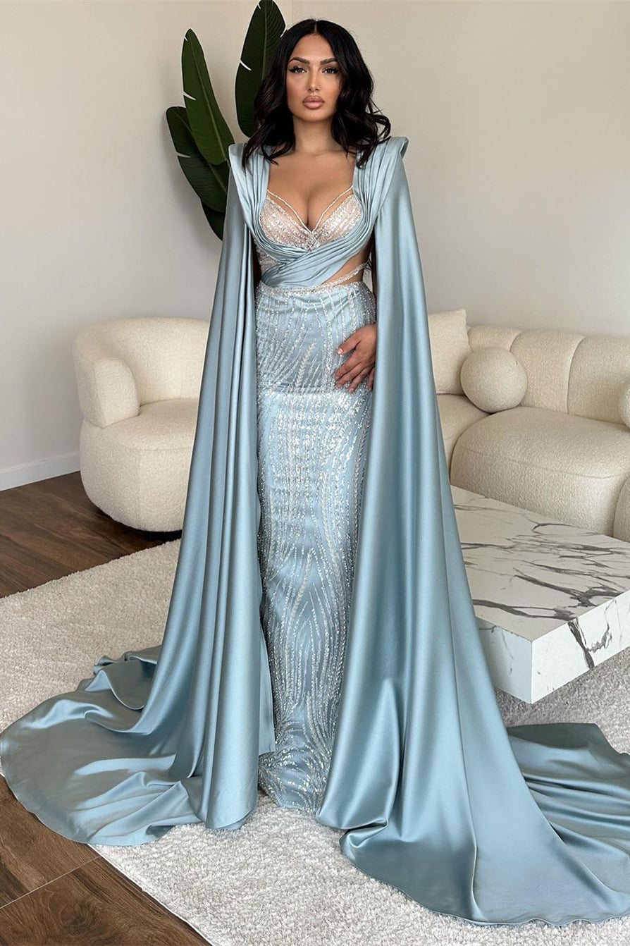 Robe de bal longue bleue fabuleuse à col en V, sirène, en dentelle pailletée avec manches