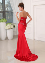 Robe de bal fabuleuse longue rouge sans bretelles, ornée de paillettes, sans manches, à lacets en dentelle