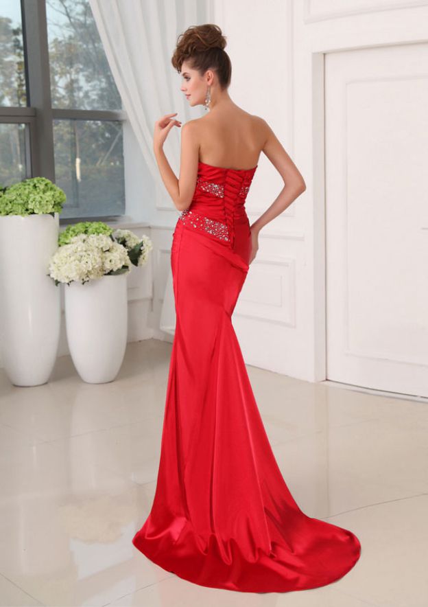 Robe de bal fabuleuse longue rouge sans bretelles, ornée de paillettes, sans manches, à lacets en dentelle