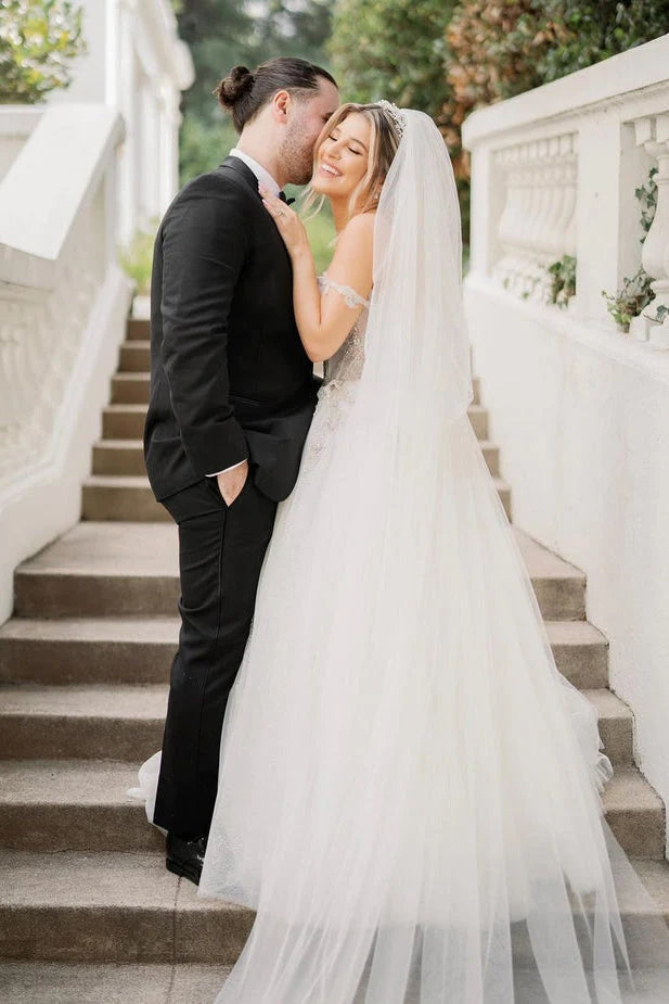 Robes de mariée en tulle à ligne A et décolleté cœur avec perles Fairy