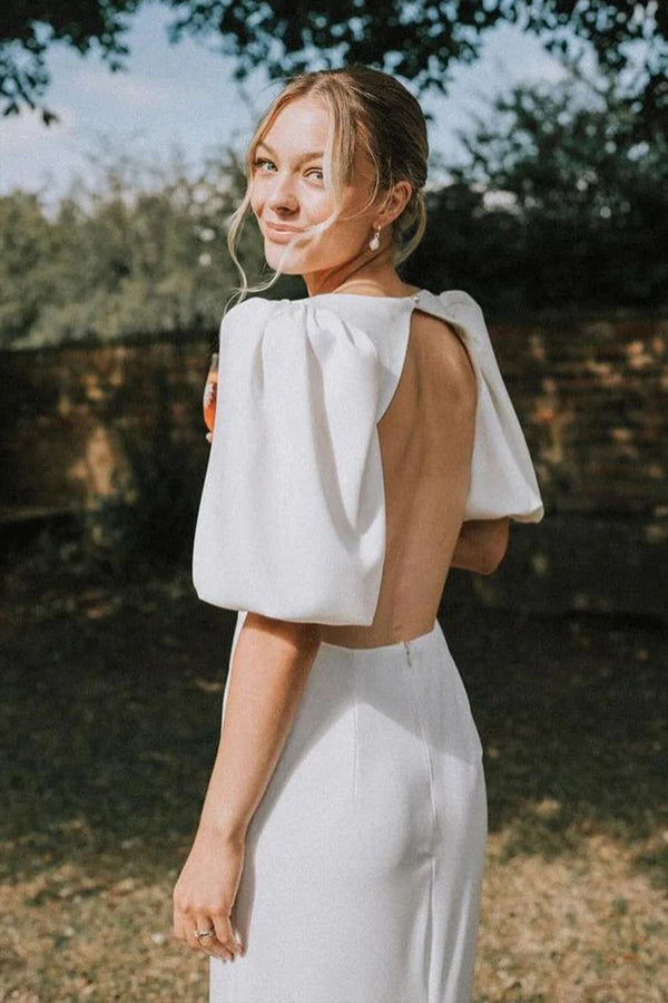 Robe de mariée modeste en satin élastique, ligne A, col en V Fairy