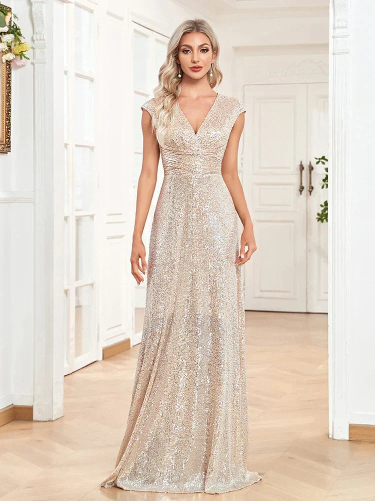 Vestidos Longos de Noite Luxuosos com Lantejoulas Brilhantes Sweep Train para Ocasiões Formais Vestido Elegante de Baile 2025 Vestido de Luxo para Aniversário