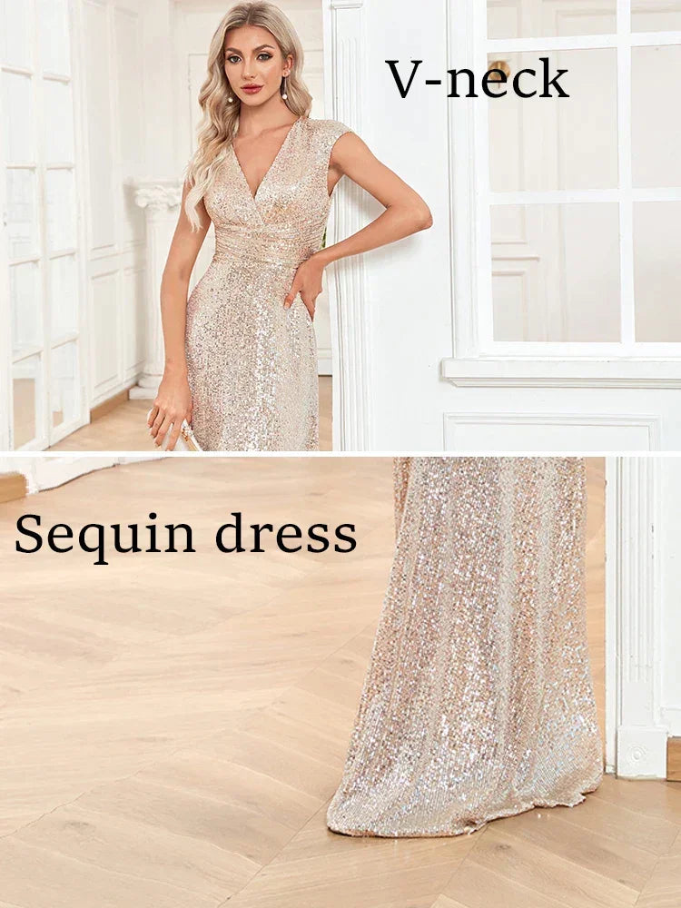 Vestidos Longos de Noite Luxuosos com Lantejoulas Brilhantes Sweep Train para Ocasiões Formais Vestido Elegante de Baile 2025 Vestido de Luxo para Aniversário